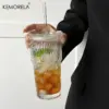 600 ml Streifen-Glas-Kaffeetasse mit Deckel und ohne Deckel, Strohhalm, transparente Trinkgläser für Saft, Eiskaffeetassen, Trinkgeschirr 3