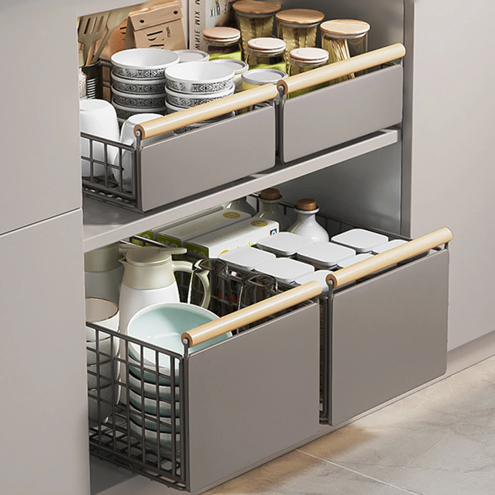 Ausziehbarer Metall-Aufbewahrungskorb Haushalts-Spülbecken-Aufbewahrungsregal Faltbarer, einziehbarer, verstellbarer Schiebeschrank mit Holzgriff 1