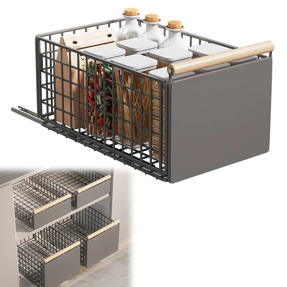 Ausziehbarer Metall-Aufbewahrungskorb Haushalts-Spülbecken-Aufbewahrungsregal Faltbarer, einziehbarer, verstellbarer Schiebeschrank mit Holzgriff