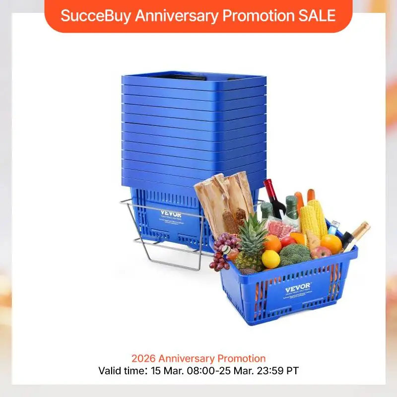 VEVOR Einkaufskorb, 12er-Set, 24 l robuster Einkaufskorb aus Kunststoff mit Griff und Ständer, 42 x 29 x 22 cm, tragbarer Einkaufskorb in Großpackung für den Lebensmitteleinkauf im Einzelhandel