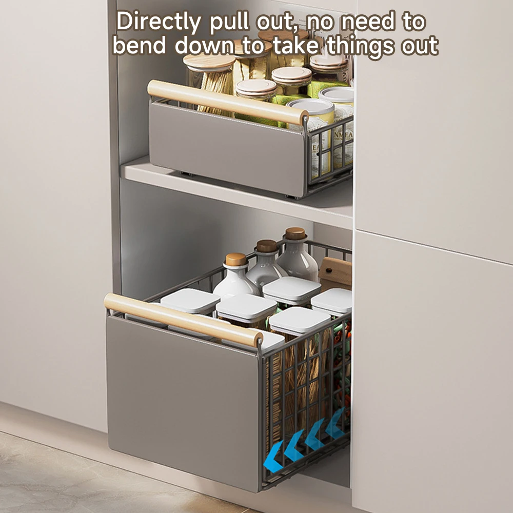 Ausziehbarer Metall-Aufbewahrungskorb Haushalts-Spülbecken-Aufbewahrungsregal Faltbarer, einziehbarer, verstellbarer Schiebeschrank mit Holzgriff 2