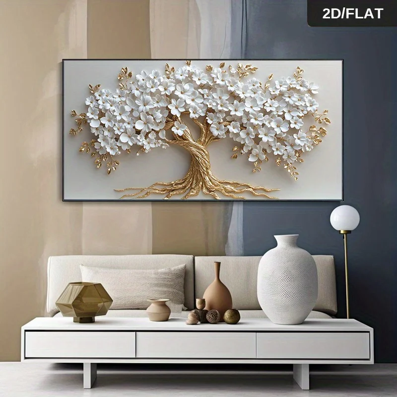 1 Stück moderner abstrakter goldener Baum mit weißen Blumen, Druckkunst, Wanddekoration, Leinwand, rahmenloses Poster, Heimdekoration, elegante Wandkunst 2