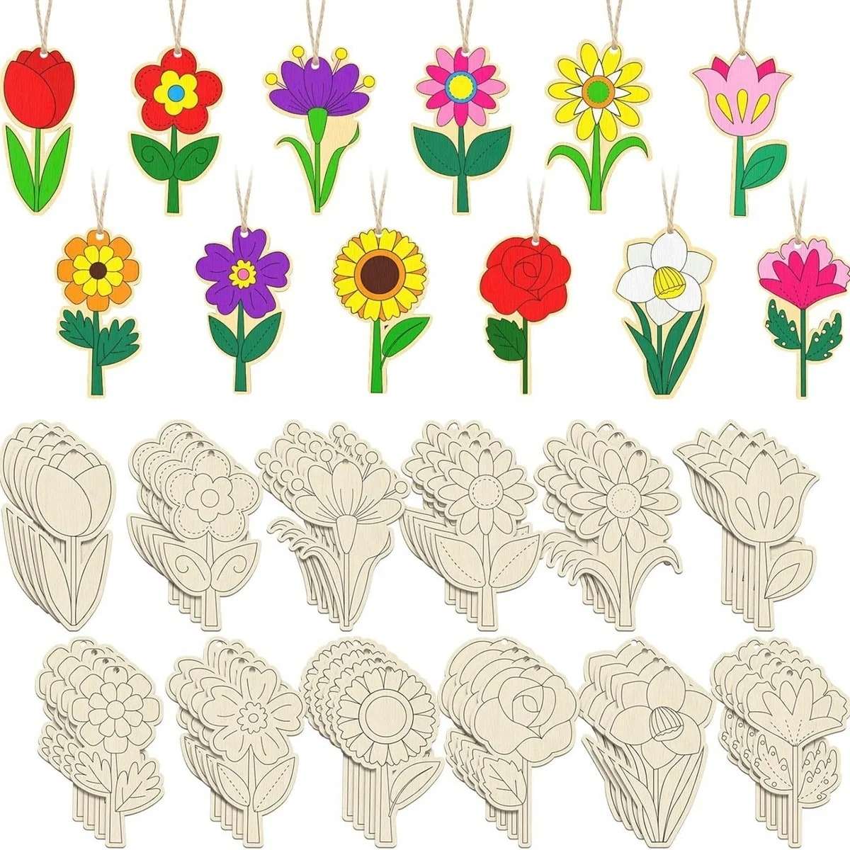 10 stücke Frühlings blume hängen Ornament Rose Sonnenblume Holz anhänger für Frühling Haupt dekorationen DIY Malerei Geschenke Verpackung
