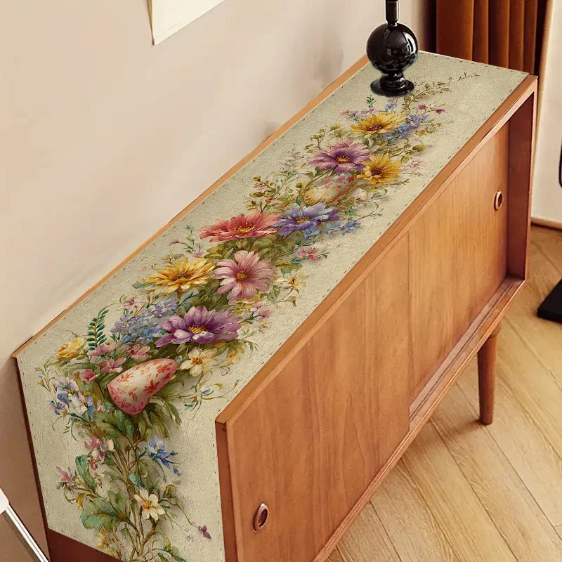 1 Stück Frühlings-Oster-Tischläufer mit Blumenmuster, Leinen, 2D-Druck, Niedliches Geschenk für Esstisch, Küche, Wohnzimmer-Dekoration