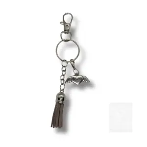 Frühlings-Schlüsselanhänger mit grauer Quaste & Herzflügel Charm