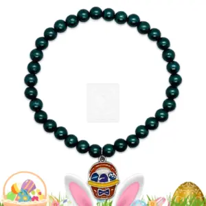 Osterarmband mit dunkelgrünen Perlen und Osterkorb Anhänger