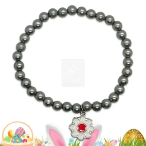 Osterarmband mit grauen Perlen und Blumenanhänger