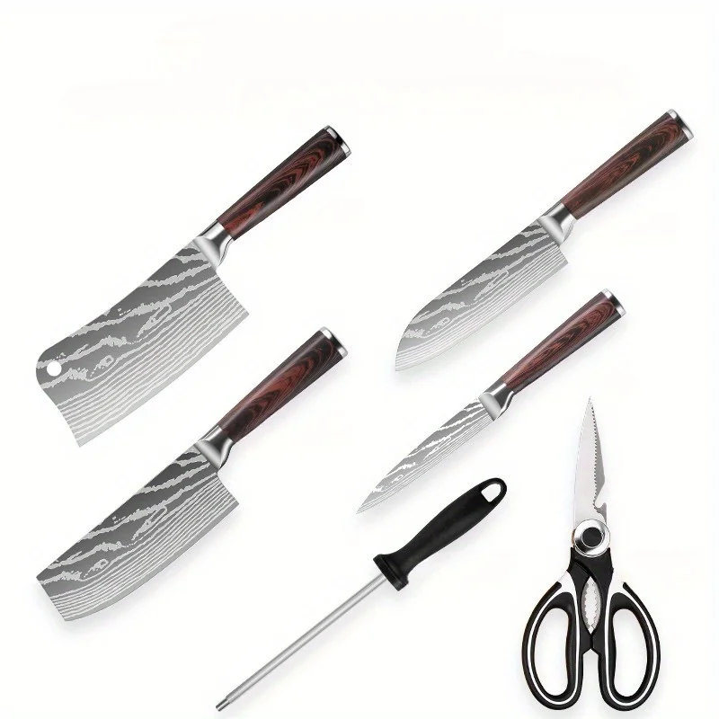 6-teiliges Messer-Set mit Damastmuster – Kochmesser aus Edelstahl mit hohem Kohlenstoffgehalt, Küchenschere und Schärfstahl