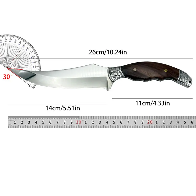 Ein Küchenmesser mit feststehender Klinge, ausgestattet mit einer Messerscheide und einer gebogenen Klinge zum Schlachten und Entbeinen. 6