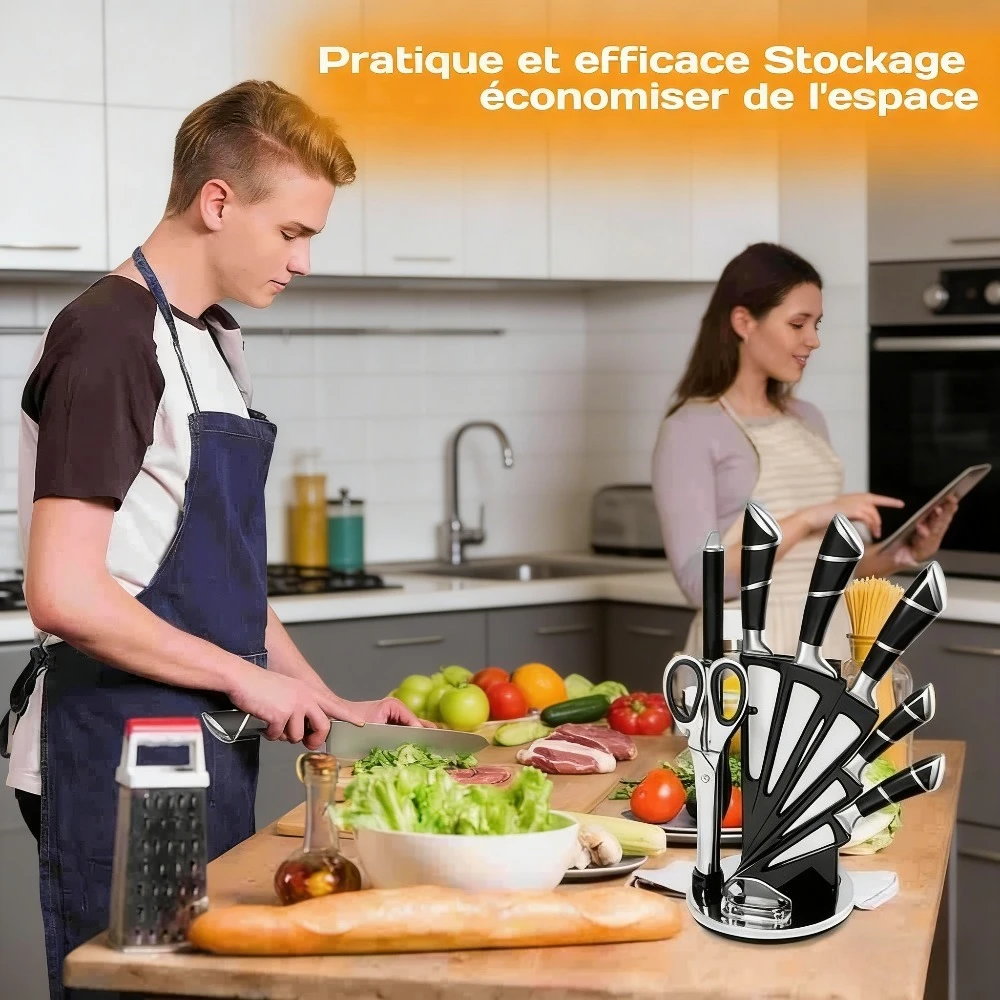 9-teiliges schwarzes Küchenmesser-Set mit Hohlgriff aus rostfreiem Edelstahl, scharfe, langlebige, rostfreie Kochmesser mit Messerblock für Zuhause und als Geschenk 5