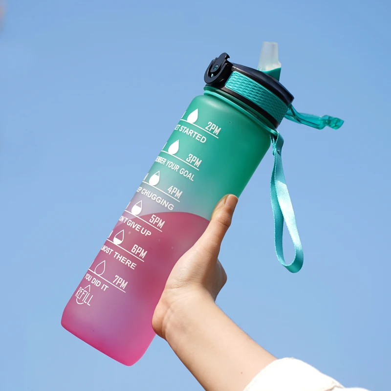 1 l Wasserflasche, 12 Farben, auslaufsicher, mit Zeitmarkierung, Getränk und Strohhalm, motivierende Trink-Sportwasserflasche für Outdoor-Wanderungen 5
