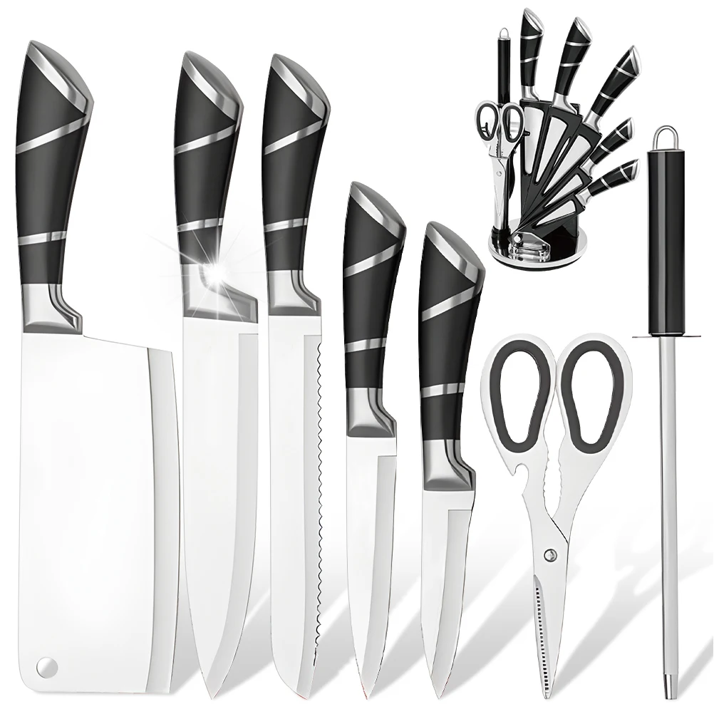 9-teiliges schwarzes Küchenmesser-Set mit Hohlgriff aus rostfreiem Edelstahl, scharfe, langlebige, rostfreie Kochmesser mit Messerblock für Zuhause und als Geschenk