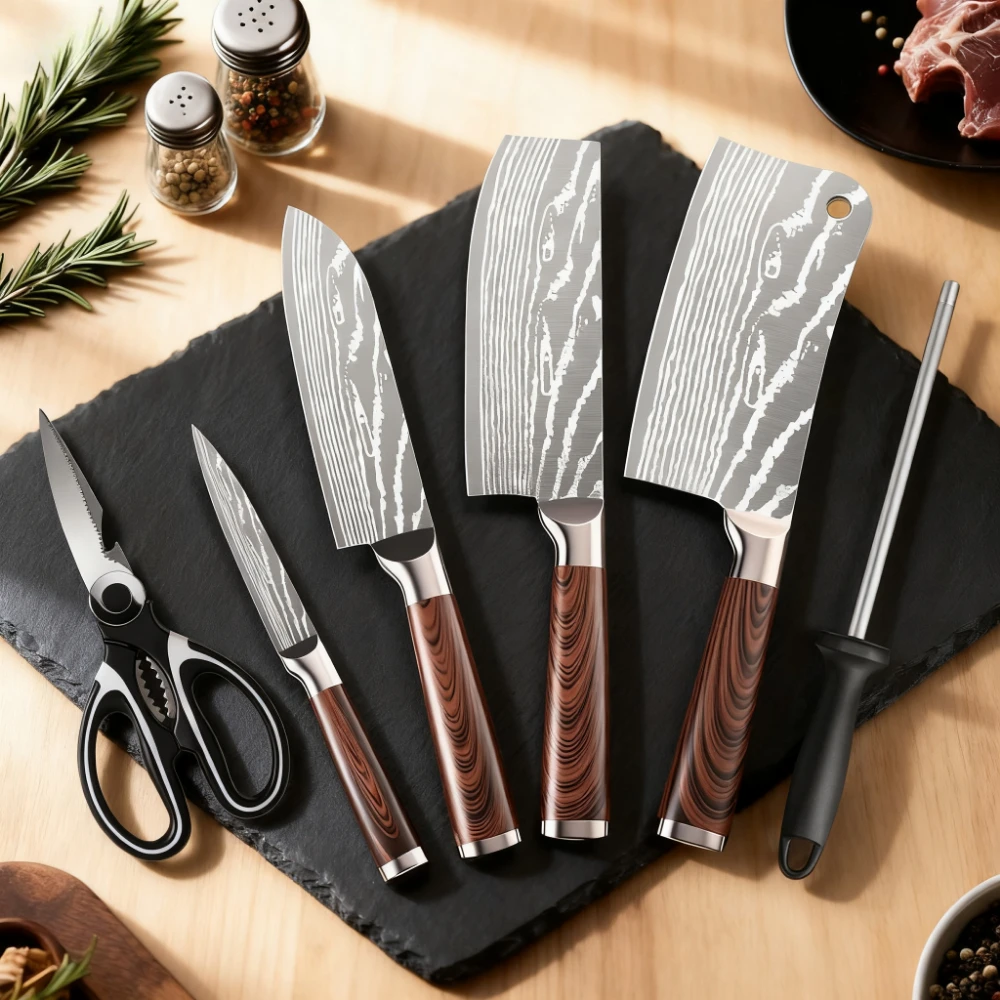 6-teiliges Messer-Set mit Damastmuster – Kochmesser aus Edelstahl mit hohem Kohlenstoffgehalt, Küchenschere und Schärfstahl 1