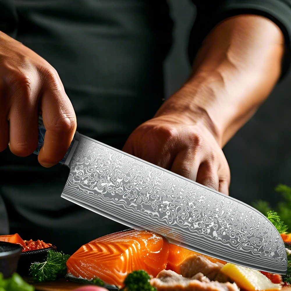 Damaskus Santoku-Messer, VG-10 Kernstahl 67 Lagen Professionelles Fleischmesser, Scharfe Klinge Santoku Küchenmesser mit Ergonomischem Griff 4