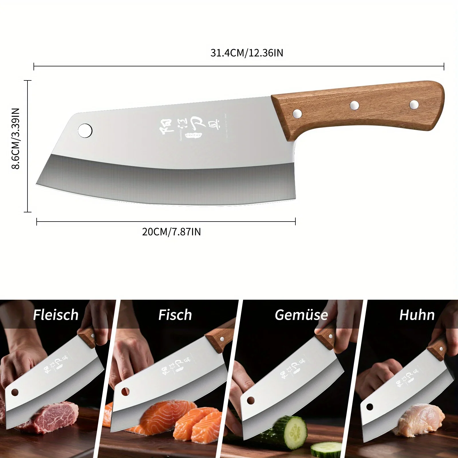 Professionelles Kochmesser- und Hackmesser-Set – Küchenmesser aus Edelstahl mit Holzgriff zum Kochen, Camping, Grillen, Geschenk 6