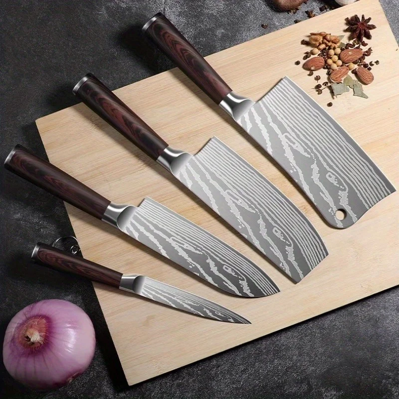 6-teiliges Messer-Set mit Damastmuster – Kochmesser aus Edelstahl mit hohem Kohlenstoffgehalt, Küchenschere und Schärfstahl 2