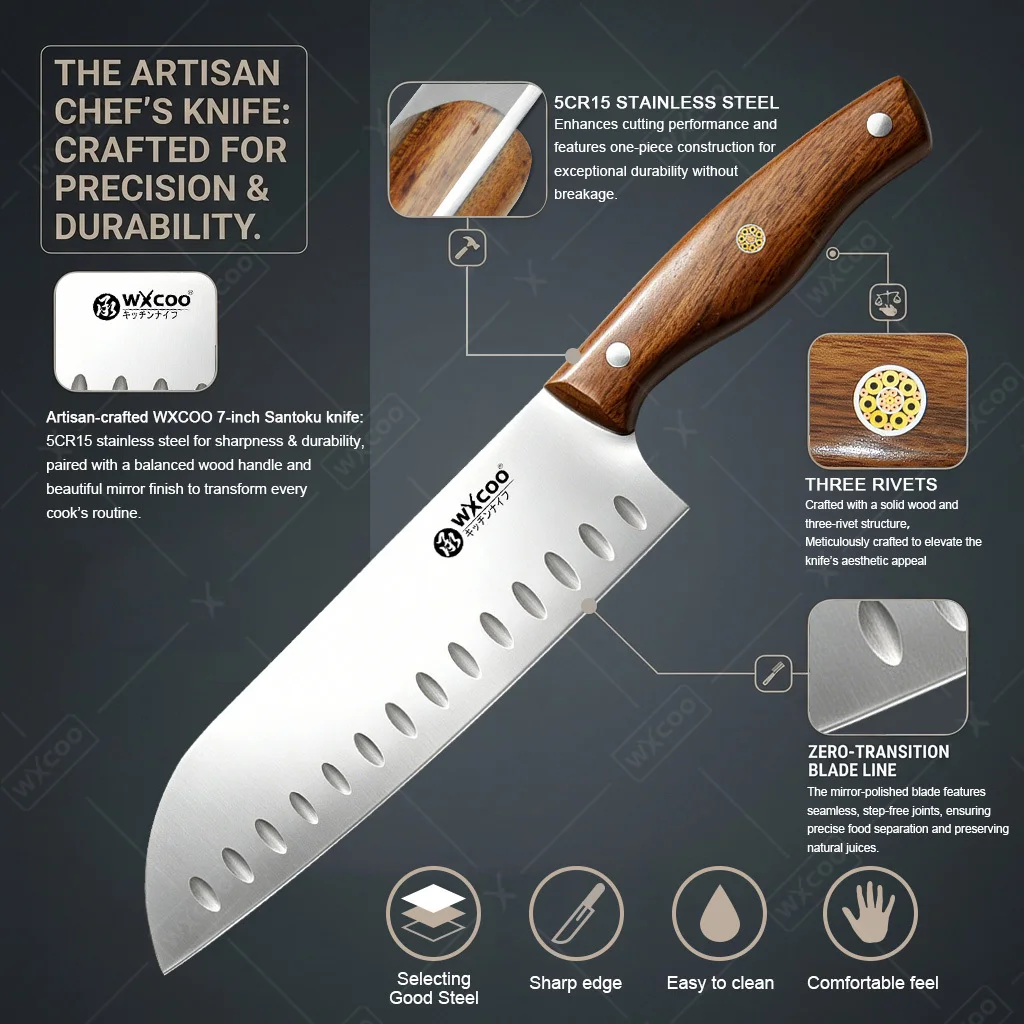 WXCOO Santoku-Messer Japanisches Küchenmesser Fleischbeil Handgefertigtes Schneidemesser für Metzger Fleisch Gemüse Fisch Kochutensilien 4