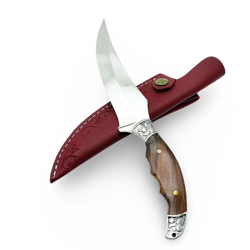 Ein Küchenmesser mit feststehender Klinge, ausgestattet mit einer Messerscheide und einer gebogenen Klinge zum Schlachten und Entbeinen.