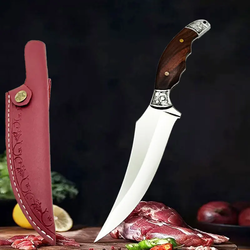 Ein Küchenmesser mit feststehender Klinge, ausgestattet mit einer Messerscheide und einer gebogenen Klinge zum Schlachten und Entbeinen. 1