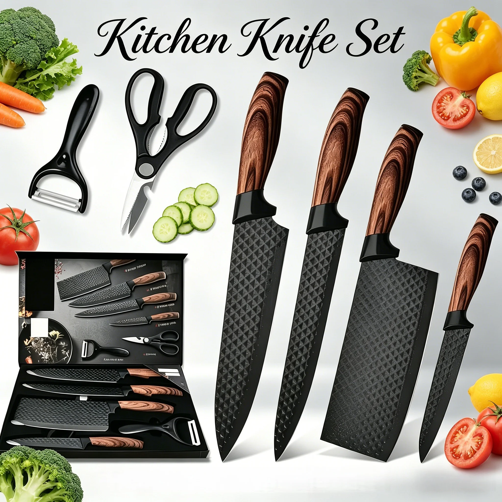 6-teiliges hochwertiges scharfes Messerset | Enthält Kochmesser, Schere und Schäler | Küchen-Essentials 1