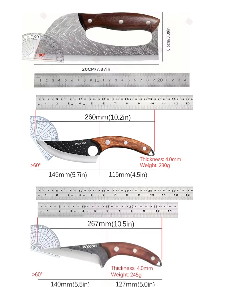 WXCOO Handgeschmiedetes Multifunktionales Arbeitserleichterndes Küchenmesser Edelstahl-Hackmesser Metzgermesser mit Holzgriff Knochenmesser 6