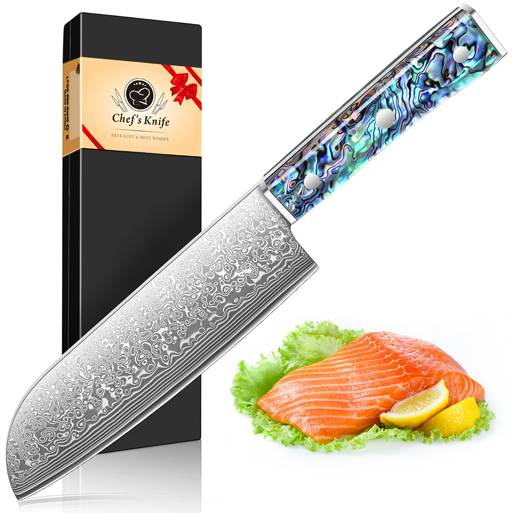 Damaskus Santoku-Messer, VG-10 Kernstahl 67 Lagen Professionelles Fleischmesser, Scharfe Klinge Santoku Küchenmesser mit Ergonomischem Griff