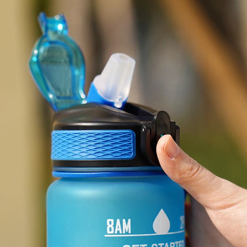 1 l Wasserflasche, 12 Farben, auslaufsicher, mit Zeitmarkierung, Getränk und Strohhalm, motivierende Trink-Sportwasserflasche für Outdoor-Wanderungen 6