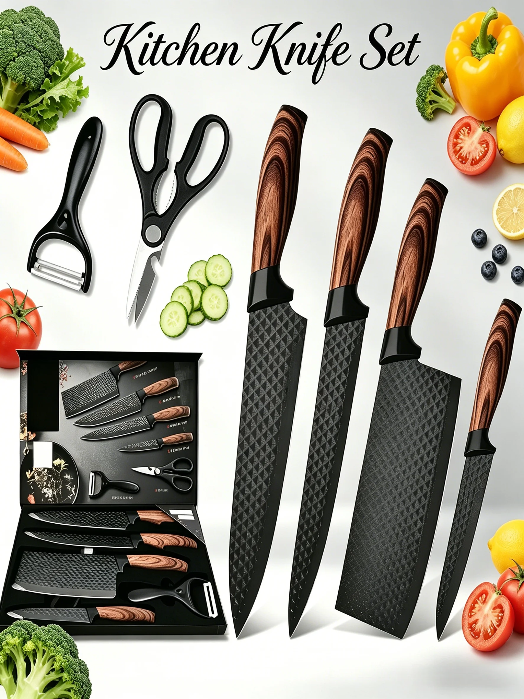 6-teiliges hochwertiges scharfes Messerset | Enthält Kochmesser, Schere und Schäler | Küchen-Essentials