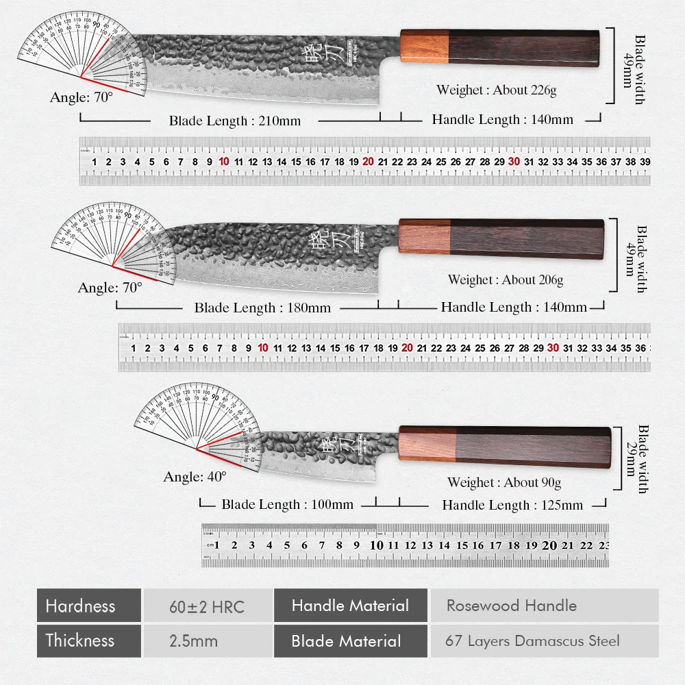 1-3 Stück Professionelles Küchenmesser-Set Japanische Handgefertigte 67-Lagen Damaszener Stahl Kiritsuke Kochmesser Santoku Schälmesser 6
