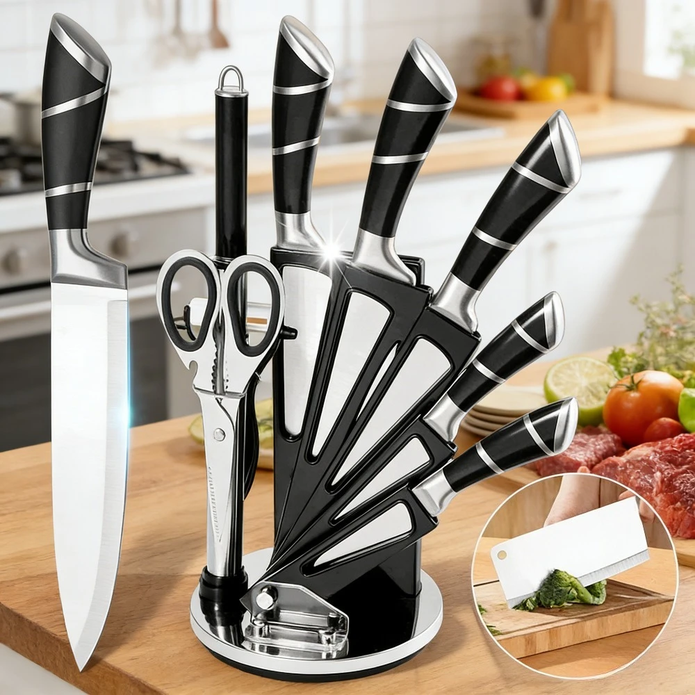 9-teiliges schwarzes Küchenmesser-Set mit Hohlgriff aus rostfreiem Edelstahl, scharfe, langlebige, rostfreie Kochmesser mit Messerblock für Zuhause und als Geschenk 2