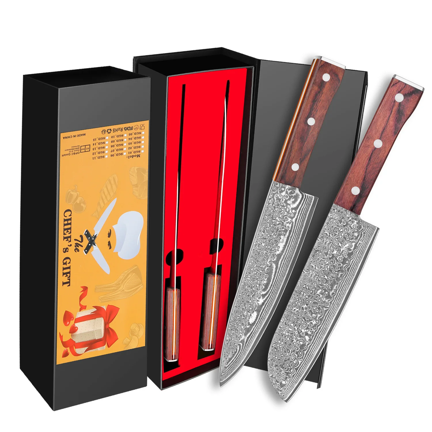 SAEIV Zweiteiliges Küchenmesser-Set aus Damaszener Stahl Kochmesser und Santoku-Messer VG10 Hochkohlenstoffstahl Profi-Messer