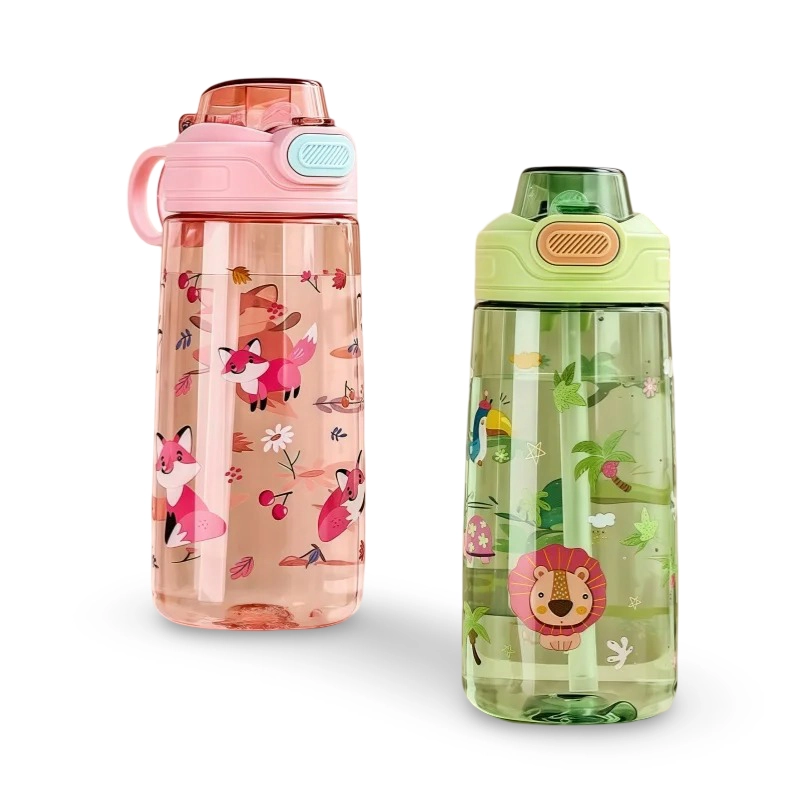 550 ml Kinder-Wasserflasche mit Cartoon-Tier und Sicherheitsschloss, tragbarer, auslaufsicherer Strohhalmbecher für Outdoor-Camping-Reisen
