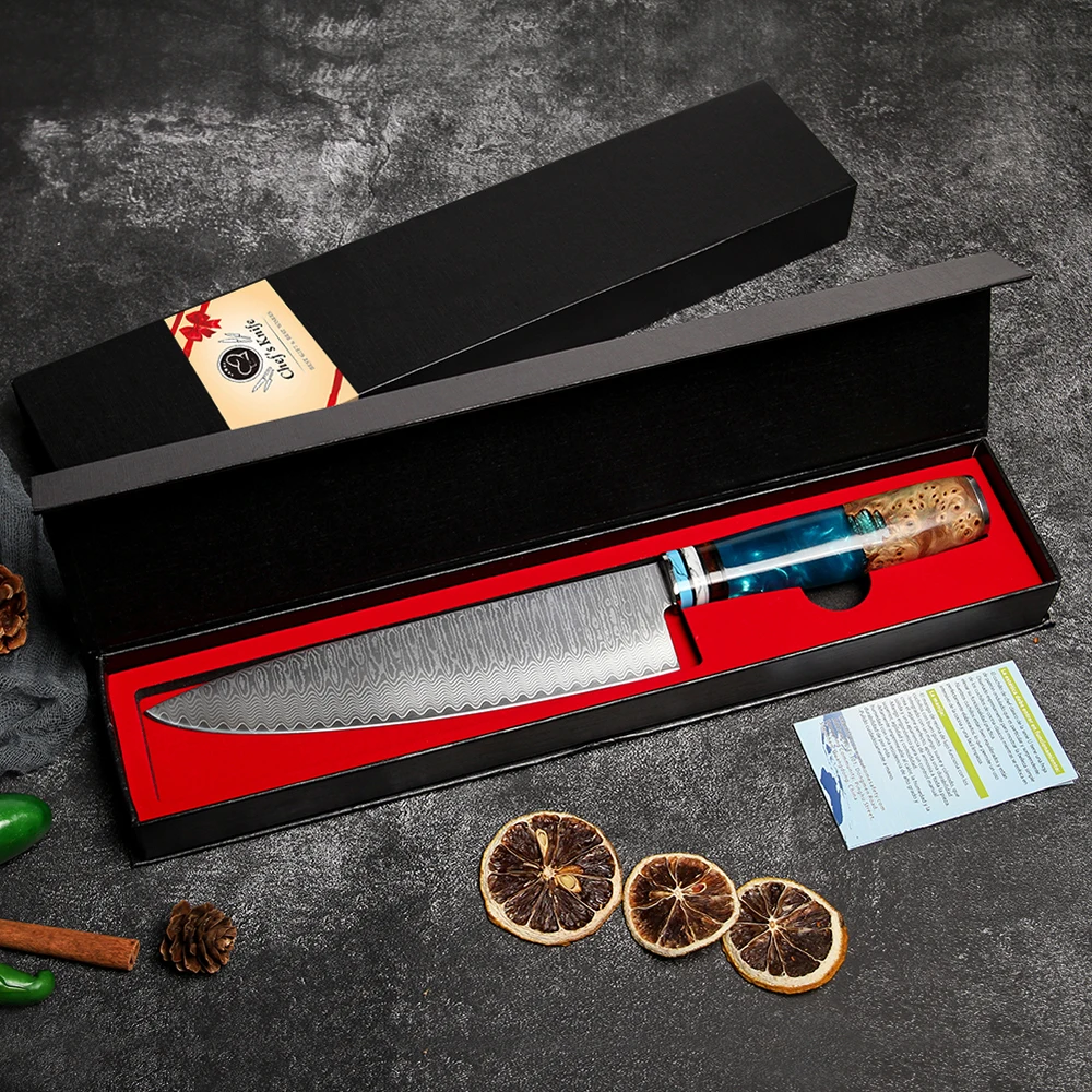 Kochmesser, 67-Lagen Damaszener Stahl Blauer Griff Multifunktionales VG-10 Damaszener Küchenmesser Mit Schwarzer Geschenkbox 6