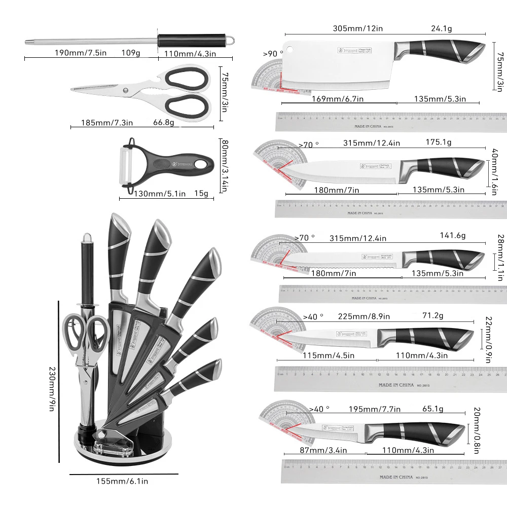 9-teiliges schwarzes Küchenmesser-Set mit Hohlgriff aus rostfreiem Edelstahl, scharfe, langlebige, rostfreie Kochmesser mit Messerblock für Zuhause und als Geschenk 6