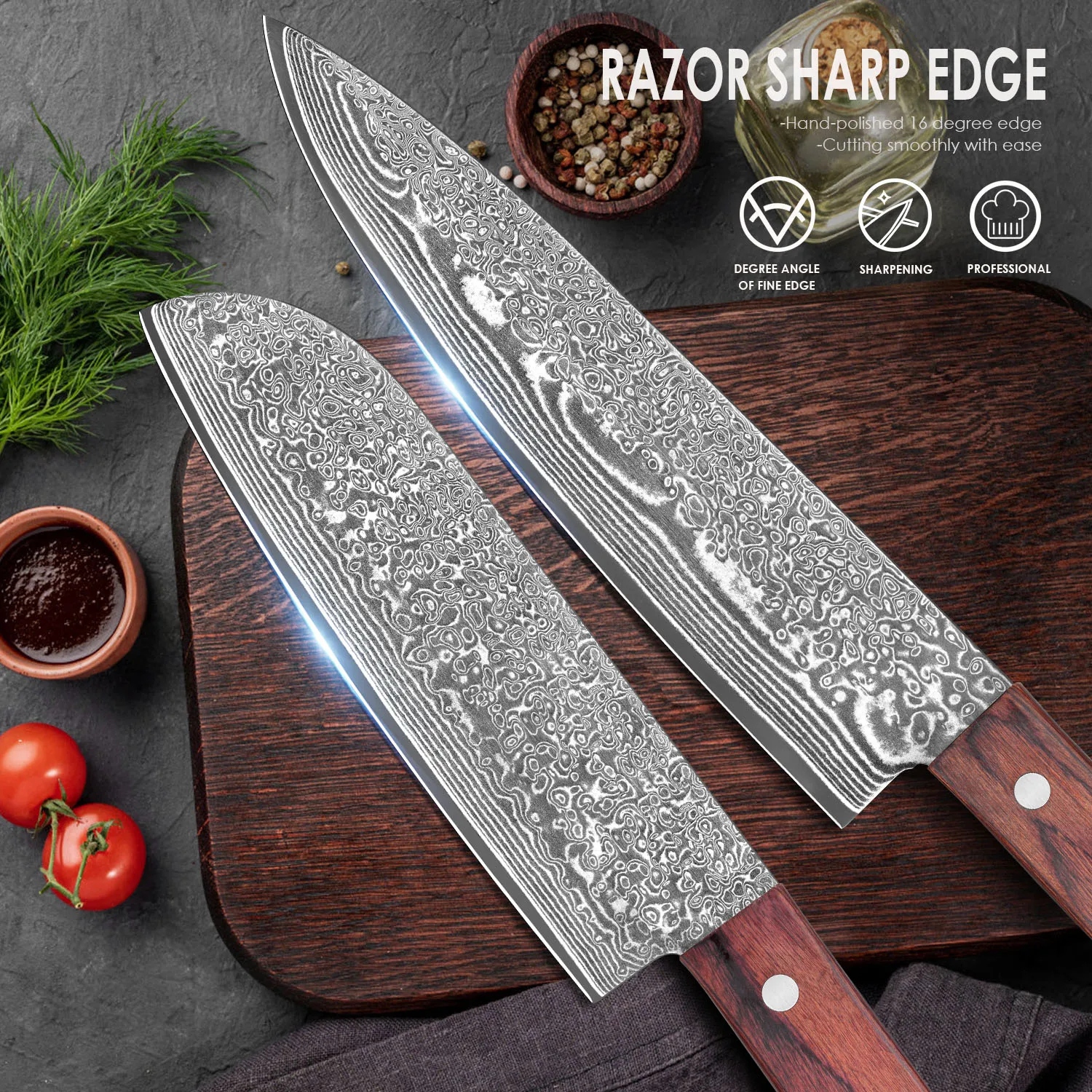 SAEIV Zweiteiliges Küchenmesser-Set aus Damaszener Stahl Kochmesser und Santoku-Messer VG10 Hochkohlenstoffstahl Profi-Messer 4