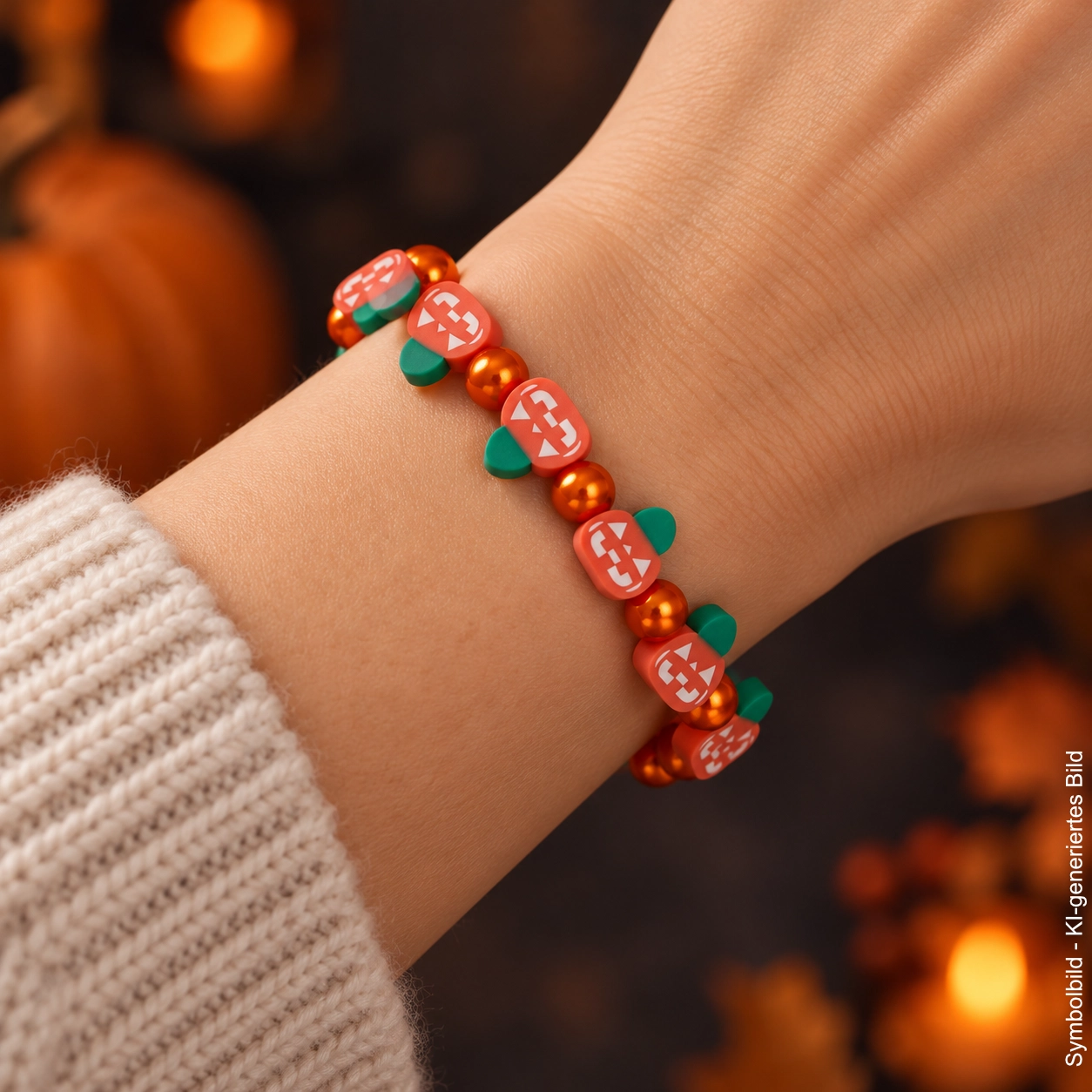 Orangefarbenes Halloween-Armband mit Kürbis-Charms und grünen Blättern am Handgelenk