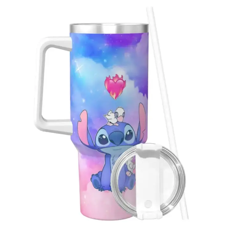 Edelstahl Tumbler Stitch Angel Tassen Tasse mit Strohhalme Fahren Heiße Getränke Wasserflasche Tragbare große Kapazität Thermobecher 2