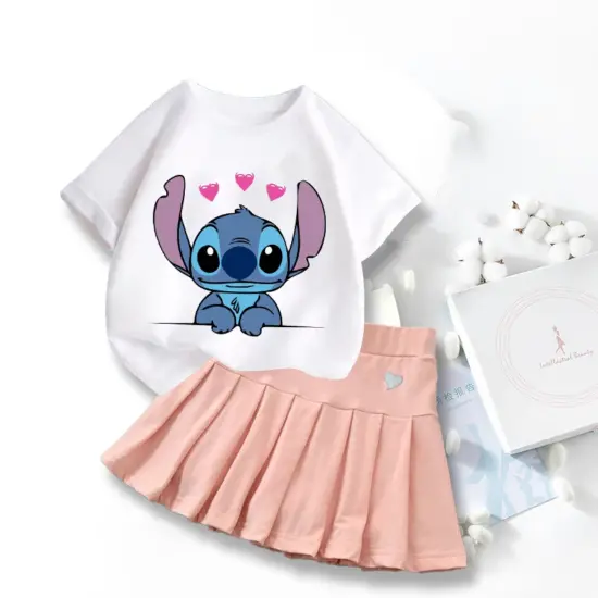 Neue süße Lilo Stitch T-Shirts Rock Set Kawaii Disney Cartoon Grafik T-Shirt Kinder Casual kurze Ärmel Tops Sommer Mädchen Kleidung 2