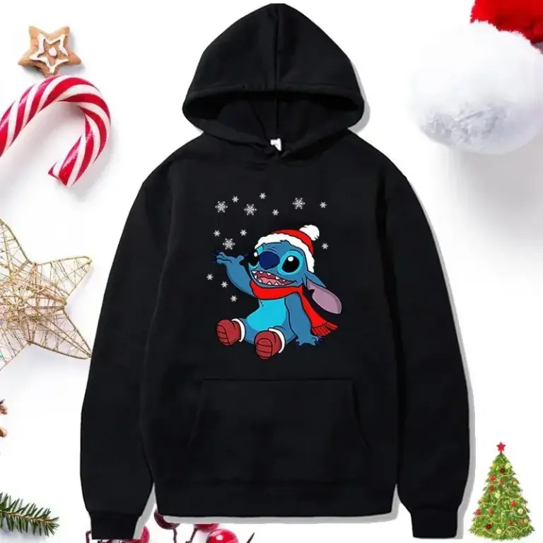 Schönes Muster lose männliche Sweatshirts Tasche Weihnachten Disney Stitch Cartoon niedliche Kleidung Männer Hoodies Herbst Winter beliebt 4