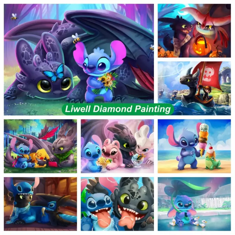 Ohnezahn und Stitch, niedlicher Disney-Cartoon, voller Diamanten, Kunstgemälde, Fantasy-Tier, Kreuzstich, handgefertigt, Mosaik, Heimdekoration