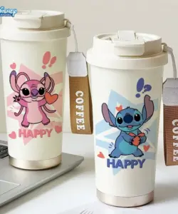 Disney Stitch Lily of The Valley Thermoskanne, niedlicher Engel, Cartoon, tragbar, Edelstahlbecher, Studenten-Kaffeetasse