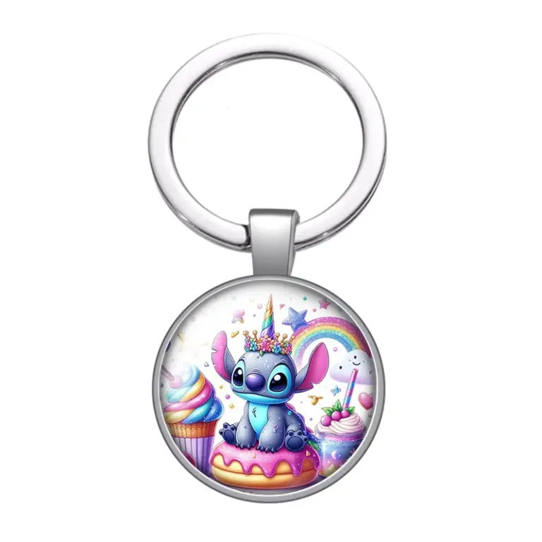 Disney Stitch köstlichen Donut Saft niedlichen Foto Glas Cabochon Schlüssel bund Tasche Auto Schlüssel anhänger Ring halter Charms Schlüssel anhänger Geschenk 4