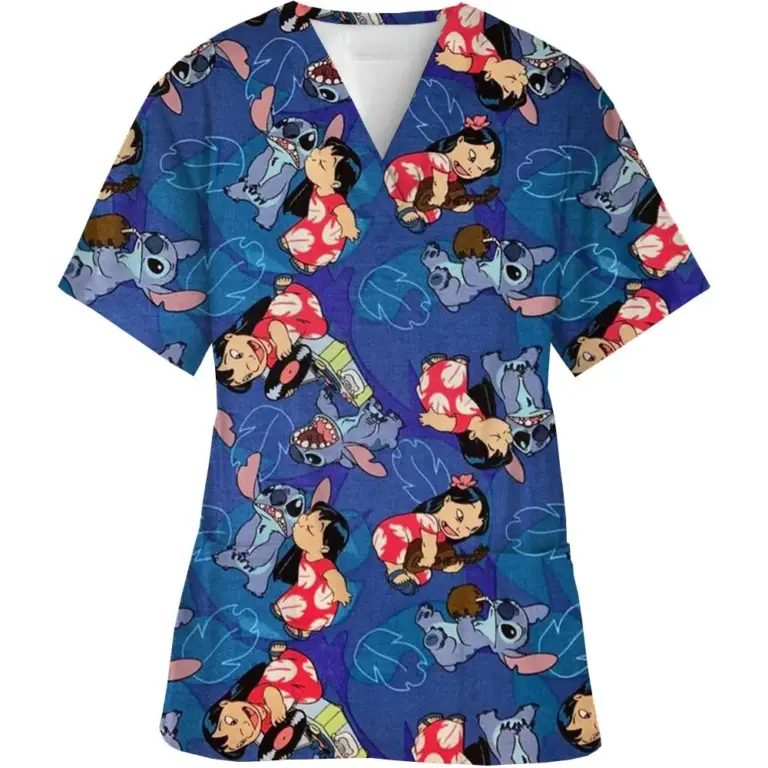 Y2k Top Uniform Omen Disney Kleidung Cartoon Stich Druck Krankens ch wester Arbeit Hemd Tasche Kleid Weihnachten Gesundheits wesen Peelings 4