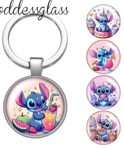 Disney Stitch köstlichen Donut Saft niedlichen Foto Glas Cabochon Schlüssel bund Tasche Auto Schlüssel anhänger Ring halter Charms Schlüssel anhänger Geschenk