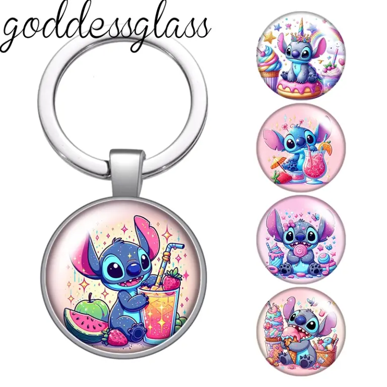 Disney Stitch köstlichen Donut Saft niedlichen Foto Glas Cabochon Schlüssel bund Tasche Auto Schlüssel anhänger Ring halter Charms Schlüssel anhänger Geschenk
