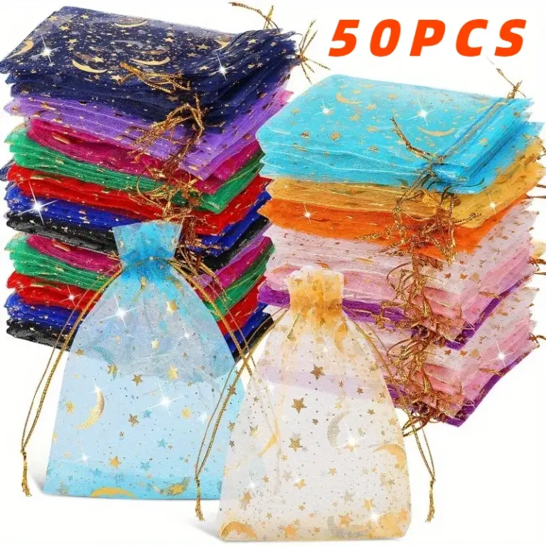 50 Stück Monds terne Kordel zug Organza Taschen Schmuck Geschenk beutel Beutel Gold Stern Organza Gunst Beutel für Weihnachts hochzeit