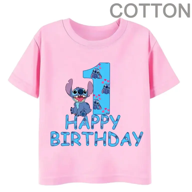 Rosa Lilo Stich Kinder Baumwolle T-Shirt Geburtstag Nummer 1-14 Kind Kawaii Junge Mädchen Freizeit kleidung Anime Cartoons Baby Tops T-Shirt 2