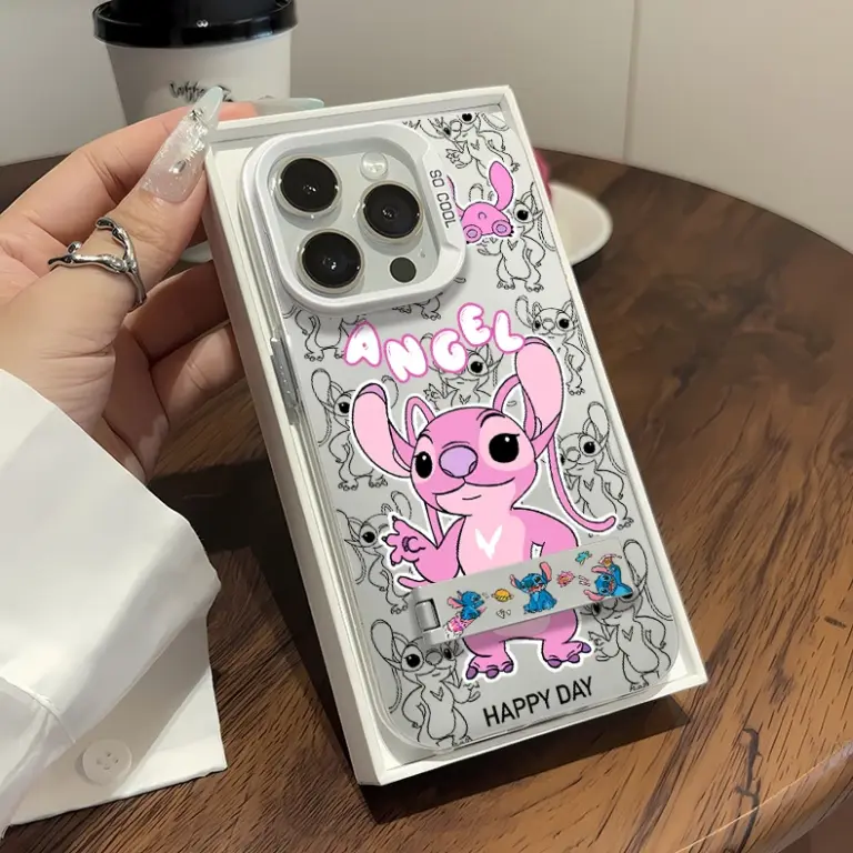 Cartoon Disney Stitch Angel Handy hülle für iPhone 16 15 14 13 12 11 Pro max x xr xsmax 8 plus stoß feste Rückseite mit Halter 2