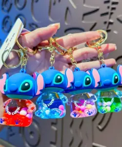 Miniso Lilo & Stitch Stitch Oil Schlüsselanhänger, süßer Treibsand-Flaschenanhänger, Treibsand-Cartoon-Schlüsselanhänger, Kindergeburtstagsgeschenk