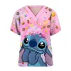 Sommer Disney Stitch T-Shirts Frauen Tasche lange T-Shirt Mädchen Kurzarm Krankenhaus tragen V-Ausschnitt Krankens ch wester Uniform T-Shirt Cartoon Top